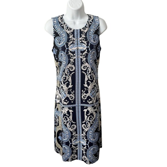 J. McLaughlin Size XS Dress Sheath Catalina Cloth Stretch Navy Damask Print - Picture 1 of 8